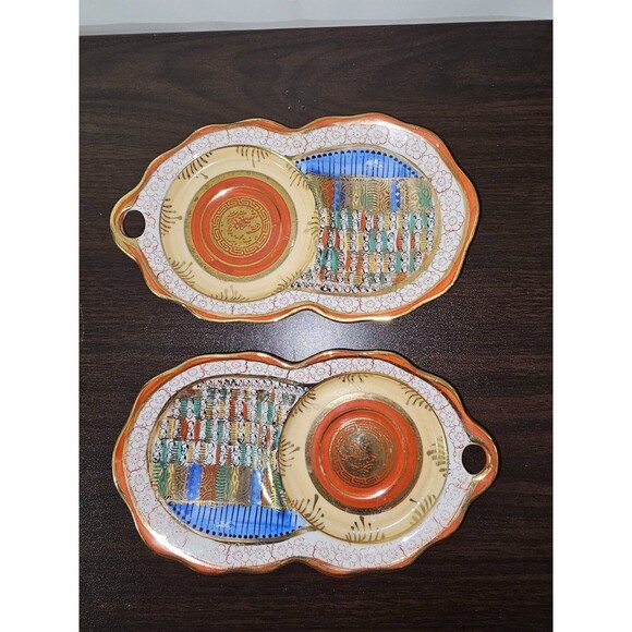 Vintage Nippon 1000 Faces Sandwich Dish Set of 2 Porcelain Japan Hand Painted - Picture 1 of 5